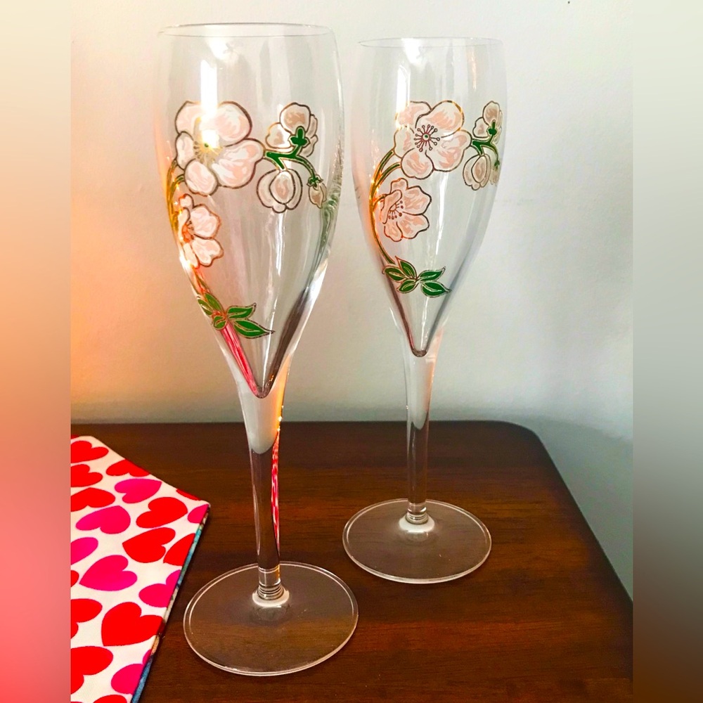 Vintage Perrier-Jouet Hand Painted Floral Champagne Flutes 7.5” Set Of 2
